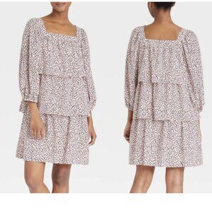 Who What Wear Black and Pink Leaf Print Ruffle Tiered Dress Size Medium